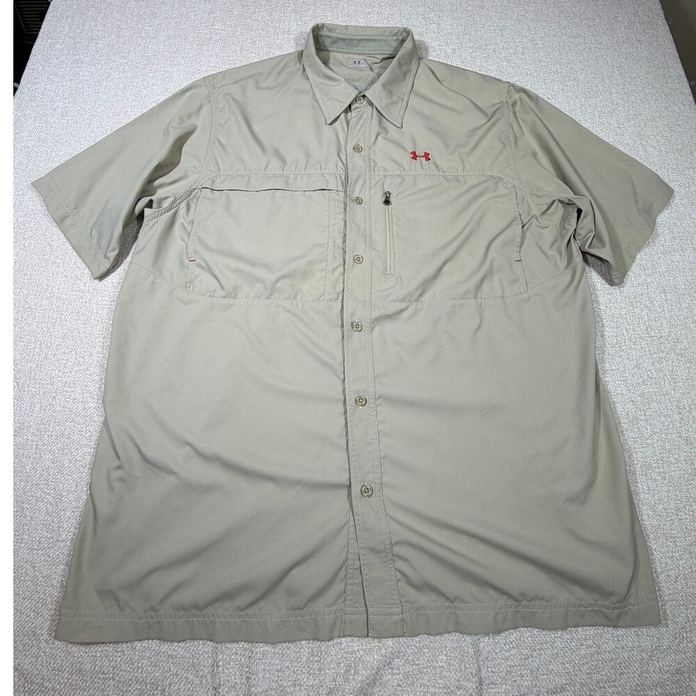 Under Armour Mens 2XL Tan Vented Short Sleeve Button Front Fishing Shirt Outdoor